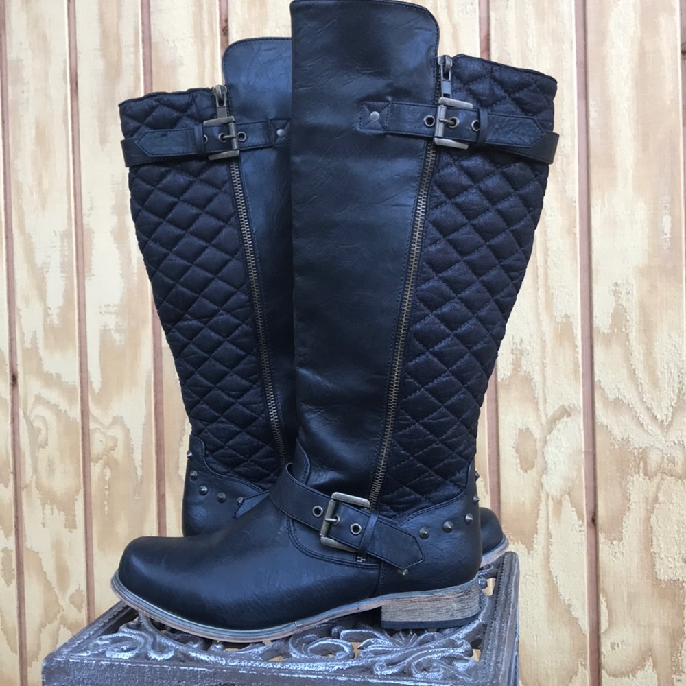 Steve Madden Black Moto Knee Boots w Buckle Zipper